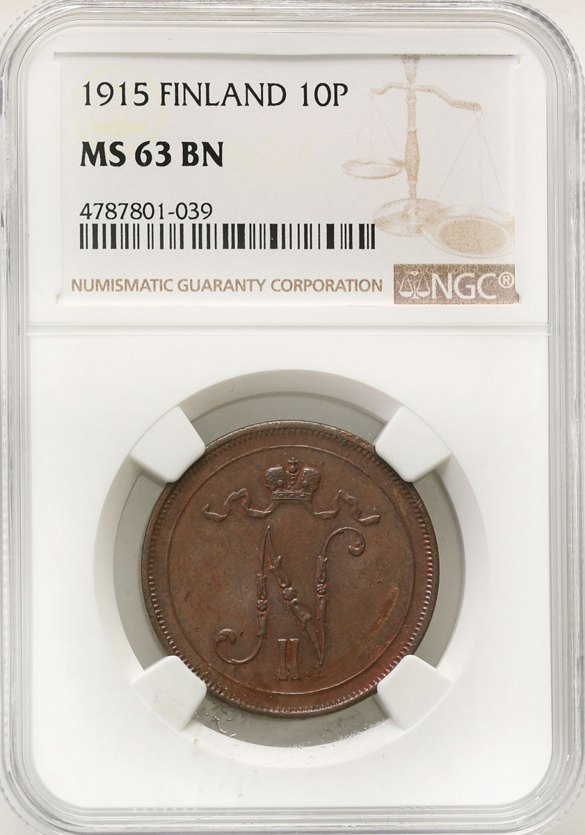 Rosja / Finlandia. Mikołaj II. 10 pennia 1915, Helsinki NGC MS63 BN